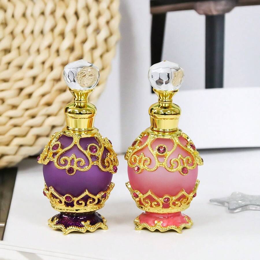 1 chai đựng tinh dầu/nước hoa bằng thủy tinh màu đính đá 15ml, có thể tái sử dụng, dùng để trang trí bàn làm việc, bàn trang điểm, chỉ rửa bằng tay, có thể tái sử dụng, chai đựng nước hoa thanh lịch, trang trí tinh tế, chất liệu thủy tinh và kim loại cao cấp, bền, dễ mang theo, chống rò rỉ ngay cả khi lật ngược (chỉ chai rỗng)