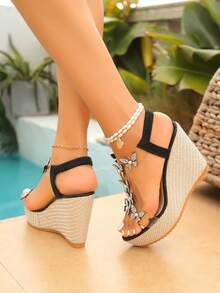 Women's Transparent Rhinestone Butterfly Wedge Sandals, Open Toe Woven Texture High Heel, Summer Party Beach Holiday Shoes - Black - View 9