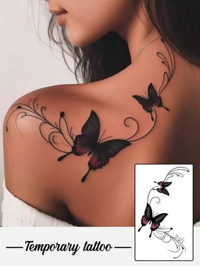 1-Piece Set - Sophisticated Dark-Themed Western-Style Vintage Minimalist Butterfly Temporary Tattoos, Washable, For Chest, Back, Legs, And Other Body Parts