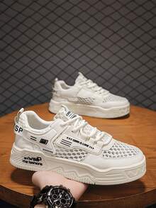 男士厚底运动鞋，街头字母印花透气网面鞋，休闲夏季运动鞋 - 米色 - 查看 9