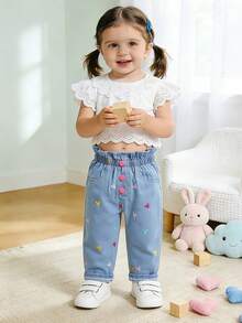 全新不对称心形刺绣休闲日常百搭牛仔裤，适合女婴 - 藍色 - 查看 11