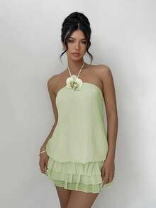 女士薄荷绿低腰超短性感3D立体花卉吊带露背荷叶边迷你连衣裙，优雅时尚，适合日常通勤、派对、嘉年华、情人节、新年、海滩度假等夏季场合。 - 薄荷綠 - 查看 8