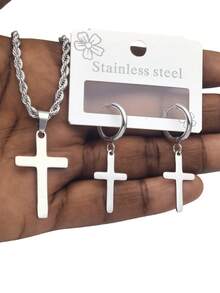 1pc New Arrival Stylish Stainless Steel & Titanium Steel Men's Cross Pendant Necklace, Braided Chain, Suitable For Daily Wear And As A Gift - 黑色 - 查看 9
