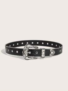1pc Men's Star Eyelet Decor Western Cowboy Style Thick Belt, Suitable For Daily Wear - Black - View 2