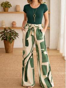 Printed Wide-Leg Pants In Viscose Linen, High Waist, With Pockets, Lining And Tie Detail. - Quần ống rộng màu xanh lá cây họa tiết hình học - Xem 2