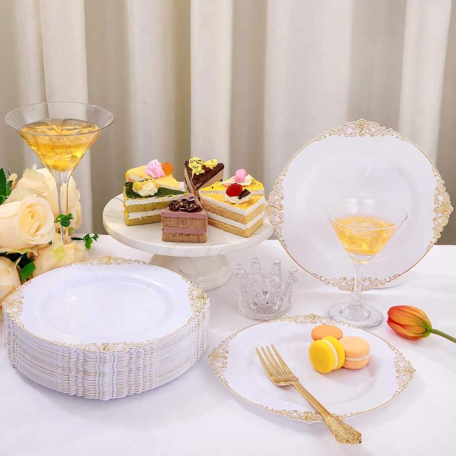 Bộ đồ ăn đế trắng viền vàng, đĩa ăn chính 27cm/đĩa tráng miệng 19cm, đế trắng với họa tiết rồng dập nổi vàng, đĩa tiệc có thể tái sử dụng, khay đựng trái cây, đế lót ly, thiết kế xếp chồng tiết kiệm không gian, lý tưởng cho đám cưới, tiệc tùng, sinh nhật, tiệc ngoài trời, Giáng sinh, Lễ Tạ ơn. - Nền trắng - Xem 1