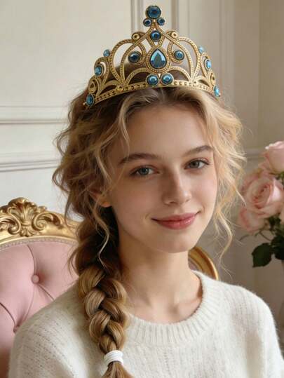 Băng đô cài tóc kiểu châu Âu, đế vàng cổ điển đính đá sapphire giả, phụ kiện đội đầu cho tiệc sinh nhật, lễ hội, sự kiện, biểu diễn sân khấu, trang phục cosplay.