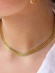 1条18K镀金不锈钢链项链，简约嘻哈风格，男女皆宜 - 金色 - 查看 1