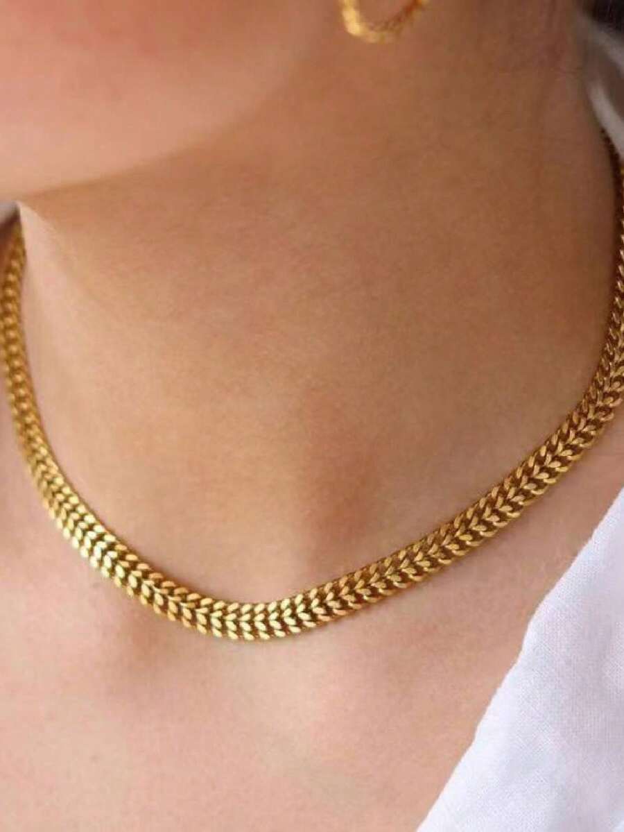 1条18K镀金不锈钢链项链，简约嘻哈风格，男女皆宜 - 金色 - 查看 1