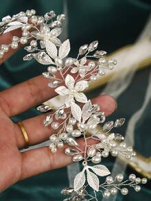 1 pieza Cinturón de novia con decoración de flor y hoja de cristal y perla falsa, accesorio elegante de faja para vestido de novia, festival, fiesta - Plateado - Ver 6