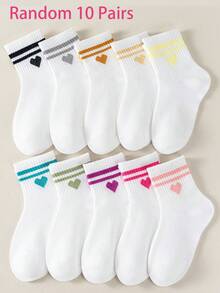 1/5/10 Đôi tất trẻ em họa tiết sọc đôi hình trái tim, chất liệu jacquard, mềm mại và thoáng khí, phù hợp cho mọi mùa, tất đi học unisex cho bé trai và bé gái, trang phục ngày Valentine. - Nhiều màu - Xem 12