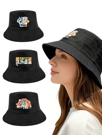 Bluey 1顶卡通布鲁伊主题渔夫帽，饰有有趣的卡通图案，男女皆宜，非常适合旅行、海滩活动和节日装饰，是毕业和节日礼物的理想之选。