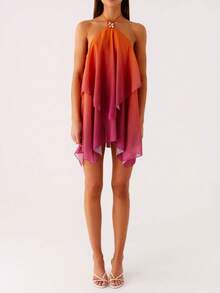 Women Mini Dress Gradient Tie-Up Halter Neck Ruffles Sleeveless Dress Summer Fashion Casual Dress - Orange - View 1