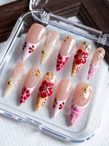 10片长尖头手工按压式美甲贴纸，Y2K风格假指甲，玳瑁纹，贝壳法式贴片，3D立体花卉雕刻，春夏亚克力手工假指甲，适合女性日常、度假和旅行美甲装饰，包含果冻凝胶和指甲锉。 - 彩色 - 查看 1