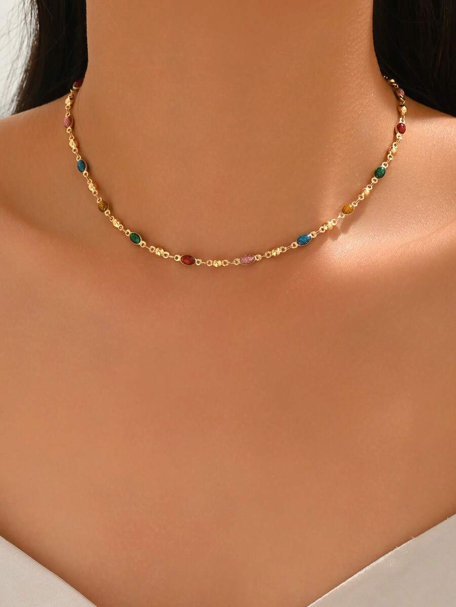 1 buah Kalung Rantai Minimalis Niche Berwarna-warni, Kalung Paduan Logam Populer Dasar Perhiasan Fashion untuk Wanita, Cocok untuk Pemakaian Sehari-hari, Pesta, Liburan, Kencan - Susunan Warna Rantai Buatan Tangan Adalah Acak - beraneka warna - View 1