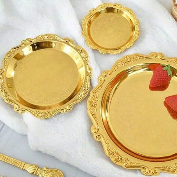 4pcs Metal Cake Plate, Afternoon Tea Snack Tray, Home Living Room Cup Mat, Snack Plate, Fruit Plate, Jewelry Storage Plate, Decorations, Kitchen Supplies, Christmas Gift