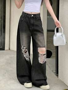 女士休闲直筒牛仔裤，带口袋，时尚做旧裤 - 黑灰色 - 查看 2