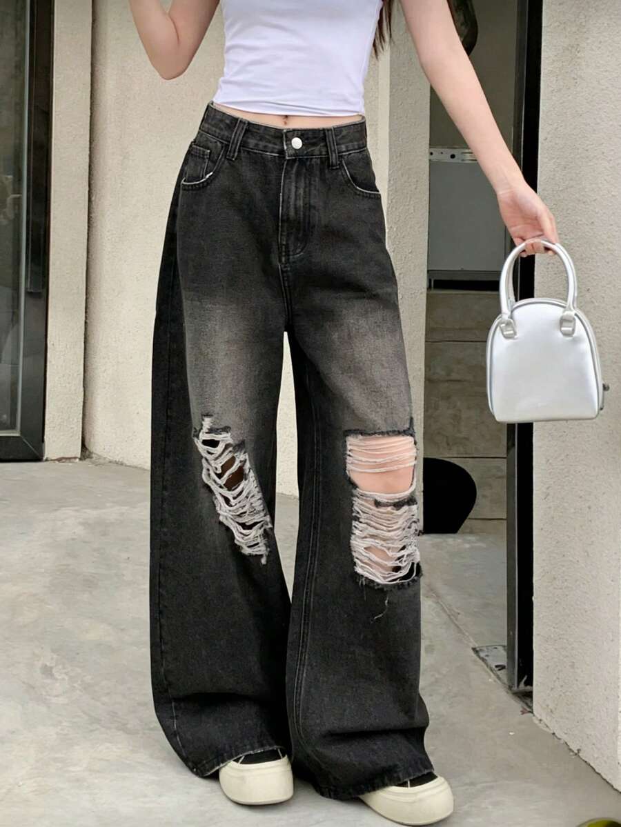 女士休闲直筒牛仔裤，带口袋，时尚做旧裤装，春季款 - 黑灰色 - 查看 1