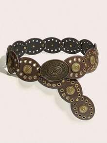 1pc Women's Bohemian Style Brown Patchwork Retro Metal Buckle Belt, Suitable For Dresses, Jeans, Music Festival & Commute Outfits Fall, Autumn, Halloween - Đầu bò nâu - Xem 9