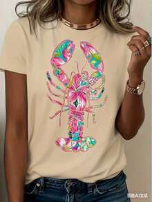 Women's Lobster Pattern T-Shirt - Soft Pink And Turquoise Coastal Print, Loose Fit, Short Sleeves, Round Neck, Lightweight And Breathable Summer Beach Party Top, Vibrant Lobster Design, Women's Casual Everyday Shirt, Machine Washable,  Gift Choice (New Stylish T-Shirt) - 杏色 - 查看 3