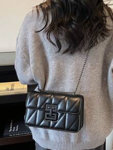 1pc Fashion New PU Square Bag Solid Color Versatile Chain Shoulder Bag For Women - Black - View 4
