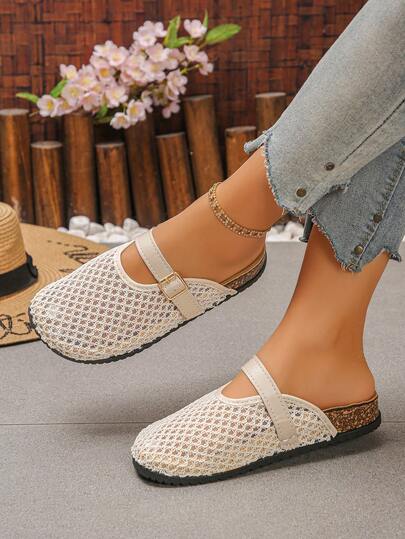 Women's Classic Flat Beach Sandals, Beige Mesh Hollow Woven Breathable, Lightweight Soft Closed Toe Mule Slides, Bohemian Style Casual Outdoor Vacation Fashion Versatile Adjustable One-Strap Flat Sandals, Random Texture