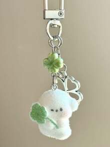 1pc Women's Flocked Lucky Dog & Four-Leaf Clover Keychain Pendant, Cute Charm For Earphone, Bag, Keys Gifts For Mother, Father, Graduation, And Teacher - Multicolor - View 4