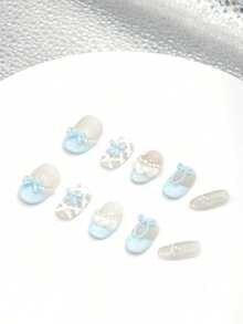 10pcs Handmade Press On Nails Oval Nails Short Nails Pink Nails French Nails Cat Eye Cute Bow Plaid With 3pcs Nail Art Tools Nail Glue Pearl Nail Supplies Fake Nails Acrylic Press On Nails For Women And Girls To Party Travel Daily School - Multicolor - View 2