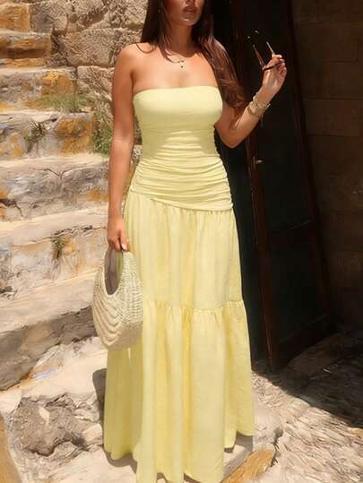 Vestido amarillo de verano para mujer Onicee, vestido largo de fiesta con pliegues, unicolor y sin tirantes con silueta de línea A, adecuado para el Día de San Valentín, citas, reuniones, fiestas, viajes, vacaciones, playa y otras ocasiones