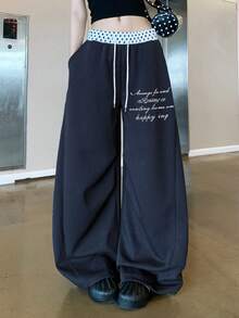 宽松波点腰部阔腿裤，女士春季休闲百搭运动裤 - 藏青色 - 查看 1