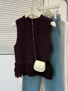 Áo vest dệt kim nữ thời trang, thoải mái, đa năng, thanh lịch, có tua rua ở gấu áo, khoét lỗ, màu trơn, không tay, cổ tròn, phù hợp cho mặc hàng ngày, hẹn hò, du lịch và các buổi tụ họp mùa hè. - Gỗ đỏ - Xem 2