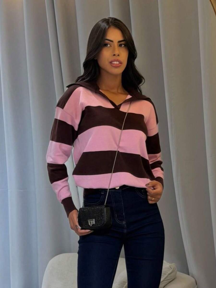 Women's Striped Polo Shirt For Winter - Hồng - Xem 1