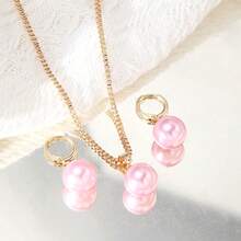 1pc Pink Faux Pearl Necklace And 2pcs Earrings Jewelry Set, Bronze Tone Accessories, Perfect For Daily Wear, Vacation, Ideal For Girlfriend, Mom - Pink - View 3
