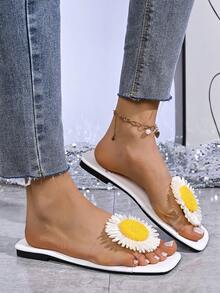 Women's Sunflower 3D Decor Square Toe Flat Slide Sandals, Casual Non-Slip Outdoor Slippers For Summer Beach 2026 - White - View 4