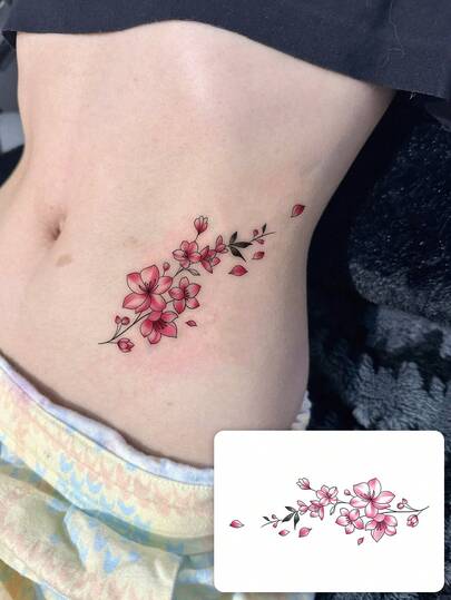 1pc Temporary Tattoo Sticker, Minimalist Waist Side Sakura Flower Design Herbal Tattoo Sticker, Waterproof Temporary Tattoo Sticker, Suitable For People, Lasts 3-5 Days