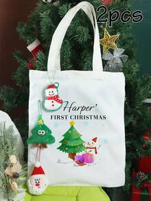 1pc/2pcs Customized Canvas Tote Bag, Personalized Christmas Gift, Custom Christmas Handbag, Customizable Shopping Bag, Girls Handbag, Shoulder Bag - Style B - View 7