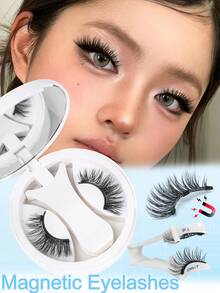 1 Pair Magnetic False Eyelashes Set, With Storage Box, Reusable, No Glue Needed, Magnetic Adsorption, Natural Crossed Lashes, Thick & Curly, Suitable For Party, Cartoon Style Lashes, Suitable For Repeated Use - Black - View 2