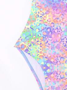 1 pieza Traje de baño de una sola pieza con estampado de leopardo en degradado de colores para niñas, diseño de espalda cruzada, estilo enérgico de verano para la piscina - Multicolor - Ver 3