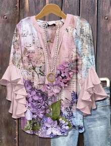 Women'S Bohemian Vintage Floral & Geometric Print Blouse With 3D Ruffle Sleeves - V-Neck Button-Front Closure, 3/4 Length Long Sleeve Round Neck Top, Multicolor Pastel Pink Blue Green White Brown On Light Blue, All-Season Casual & Semi-Formal Shirt For Spring Summer Fall Winter, Vacation & Casual Attire, Imitation Fabric With Intricate Floral Patterns, Relaxed Fit, Elegant Ruffle Sleeves, Versatile For Daily And Resort Wear, Bohemian Style Blouse For Women, Elegant Blue Blouse - 粉色 - 查看 1