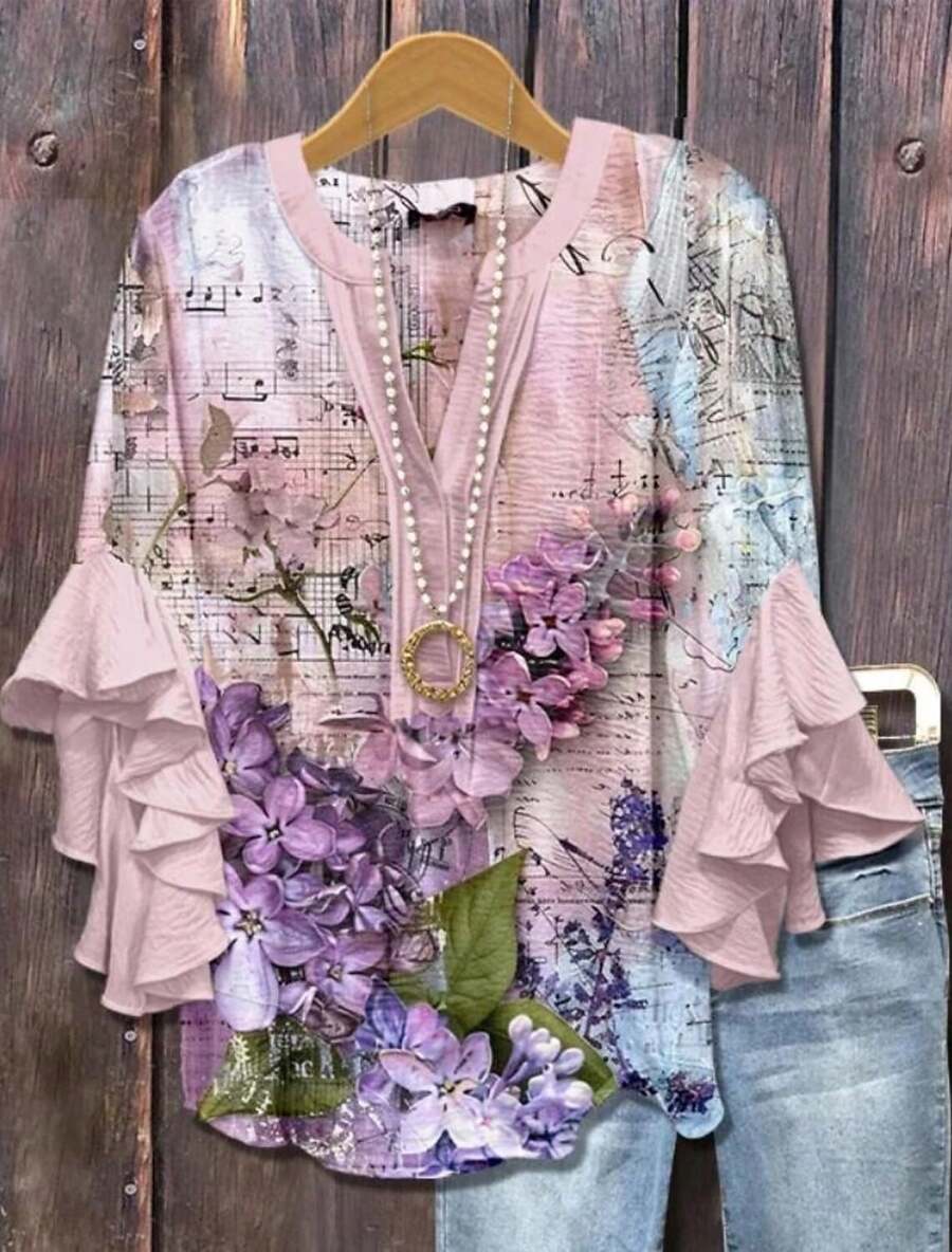 Women'S Bohemian Vintage Floral & Geometric Print Blouse With 3D Ruffle Sleeves - V-Neck Button-Front Closure, 3/4 Length Long Sleeve Round Neck Top, Multicolor Pastel Pink Blue Green White Brown On Light Blue, All-Season Casual & Semi-Formal Shirt For Spring Summer Fall Winter, Vacation & Casual Attire, Imitation Fabric With Intricate Floral Patterns, Relaxed Fit, Elegant Ruffle Sleeves, Versatile For Daily And Resort Wear, Bohemian Style Blouse For Women, Elegant Blue Blouse - 粉色 - 查看 1