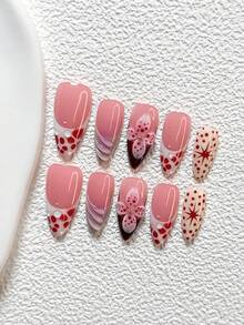 10件套甜美时尚粉色DIY美甲套装，包含凝胶指甲油、仿珍珠贝壳美甲装饰、手工五瓣花和波点美甲贴片，颜色有红/白/浅紫/深棕四种，适合女生，附赠美甲工具（1个果冻贴片+1个指甲锉），三种形状可选：杏仁形、鸭嘴形、棺材形，适合派对、日常佩戴、拍照、春夏通勤等场合。 - 彩色 - 查看 3