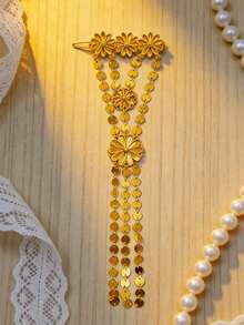 1pc Vintage Luxury Floral Tassel Hair Accessory, Suitable For Women's Party, Banquet And Performance Wear - Gold - View 6