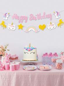 1件独角兽“生日快乐”横幅，生日拉旗，生日背景布，生日装饰，女孩生日派对背景布，女孩生日派对用品，一周岁生日横幅，拍照道具，婴儿派对装饰，家居装饰，房间装饰，客厅装饰，独角兽装饰 - 獨角獸 - 查看 5