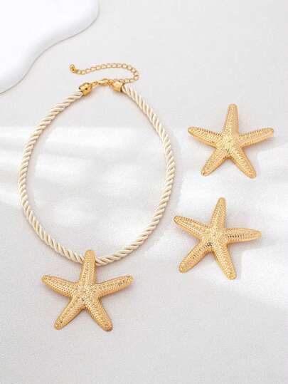 1 Set de Joyería Estilo Bohemio Océano con Collar, Aretes y Anillo de Estrella de Mar para Mujer