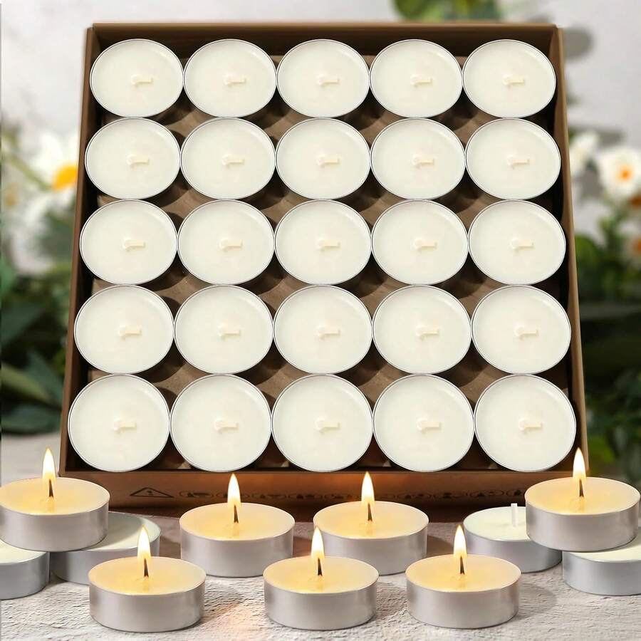 Unscented Tea Light Candles 50 Pack | 4 Hours, White, Smokeless, Dripless Small Votive Paraffin Tealights | Long-Lasting For Home, Weddings, Events, Emergencies | Mini Candles Bulk - Multi-colored Candles - View 1