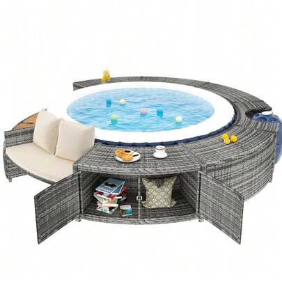 Garden Lounge Set With Round Sofa, Garden Furniture Set, Lounge Set, For Jacuzzi And Pool, With Adjustable Legs, Includes Cushions, Furniture For Terrace, Garden Or Pool Area (Previous Sku: HW00004AAA)