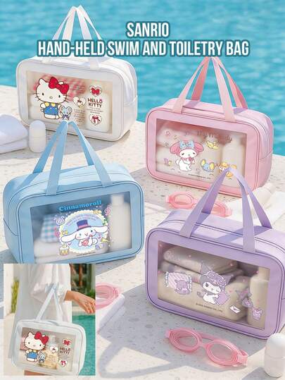 Sanrio Character Waterproof Multipurpose Pouch, Cosmetic Bag, Swim Bag, Cute Cartoon Design, Suitable For Daily Use And Swimming, Large Capacity To Store Toiletries And Accessories, Wide Opening For Easy Access, Durable Waterproof Material, Ideal For Girls And Women, Perfect For Bathroom, Gym Or Pool, This Fashionable And Practical Bag Will Enhance Your Travel Experience.