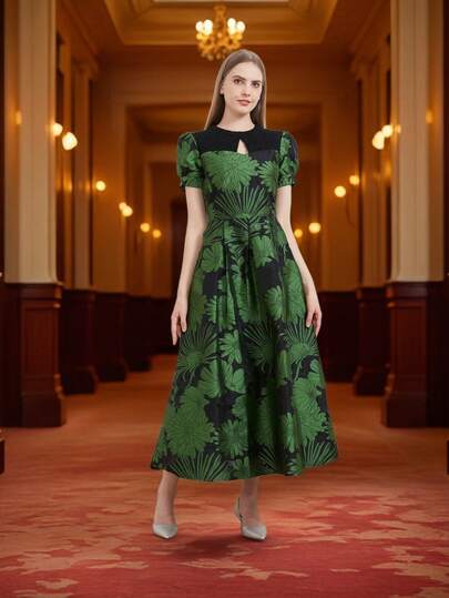 DEVCHATA Đầm dạ hội sang trọng dành cho nữ, chất liệu jacquard họa tiết hoa, kiểu dáng trang nhã và lãng mạn, thiết kế cổ khoét sâu với tay áo phồng ngắn và chân váy xòe rộng, hoàn hảo cho các buổi tiệc và dạ hội (Họa tiết hoa được chọn ngẫu nhiên).