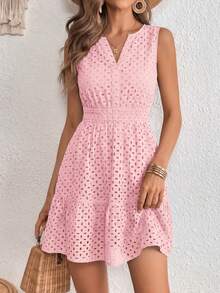 PRETTYGARDEN Women's Summer Dress Sleeveless V Neck Eyelet Cutout Swinging A-Line Flowy City Walks Wedding Guest Graduation Beach Vacation Sun Dress Pink Dresses - 粉色 - 查看 1