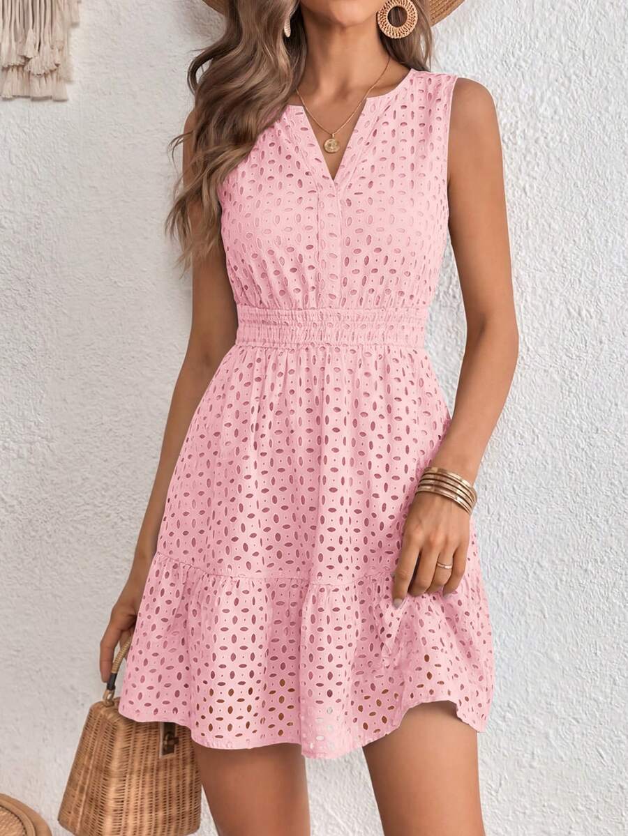 PRETTYGARDEN Women's Summer Dress Sleeveless V Neck Eyelet Cutout Swinging A-Line Flowy City Walks Wedding Guest Graduation Beach Vacation Sun Dress Pink Dresses - 粉色 - 查看 1